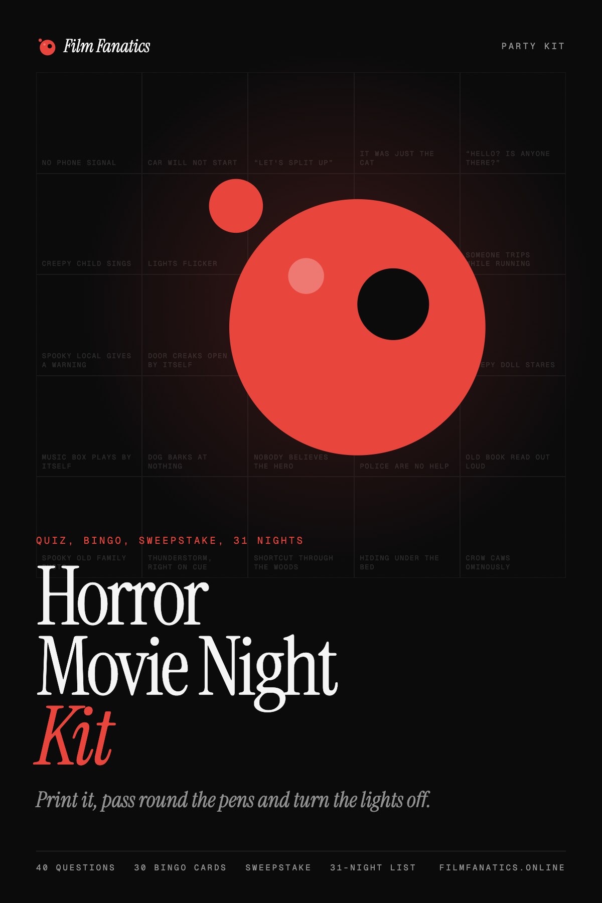 Horror Movie Night Kit, Quiz, bingo, sweepstake and 31 nights of horror